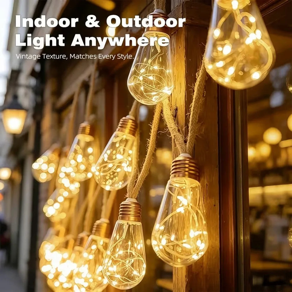 Solar Hemp Rope Edison Fairy String Lights