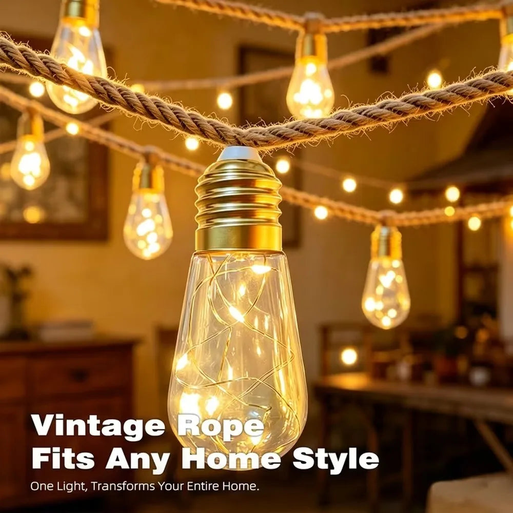 Solar Hemp Rope Edison Fairy String Lights