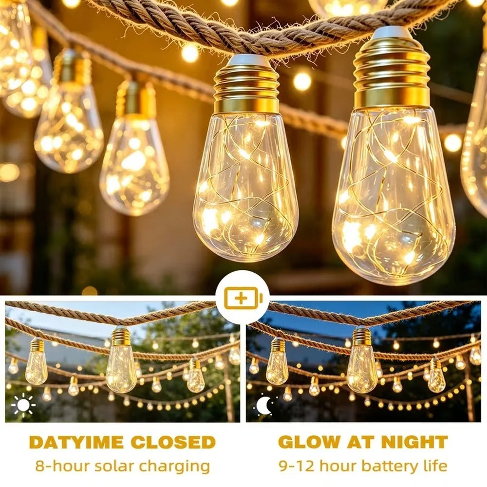 Solar Hemp Rope Edison Fairy String Lights