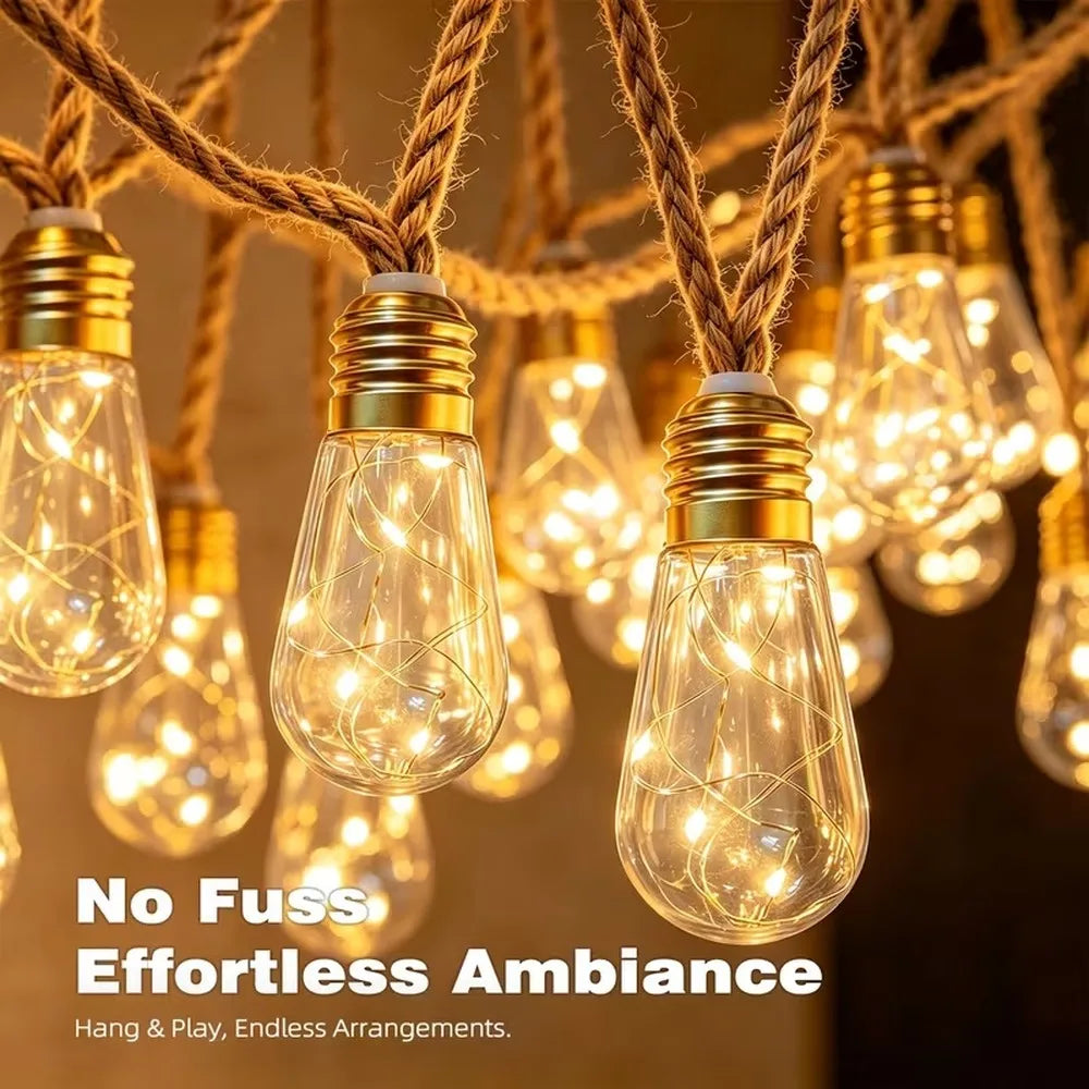 Solar Hemp Rope Edison Fairy String Lights