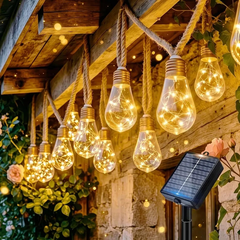 Solar Hemp Rope Edison Fairy String Lights